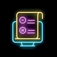 Neon online survey icon glowing on dark background representing digital feedback form for customer satisfaction vector