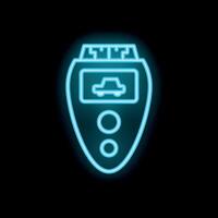 Blue glowing neon line car key with remote icon isolated on black background vector