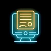 Neon icon of computer displaying electronic signature document vector