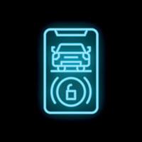 Neon icon of smartphone displaying car security app with unlock feature vector