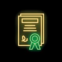 Neon icon of documents with signature and quality seal glowing on black background vector