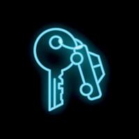 Neon key unlocking car transport icon on black background vector