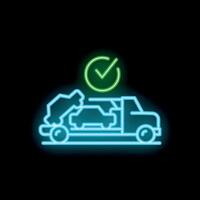 Neon style icon towing truck loading broken car with checkmark symbol vector