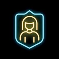 Neon icon of woman user account protected with shield on black background vector