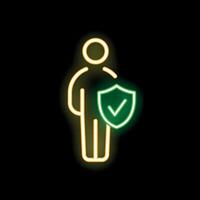 Neon icon of person holding shield with check mark representing security vector
