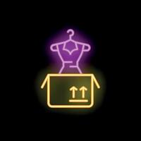 Neon sign of dress on hanger appearing from open cardboard box vector