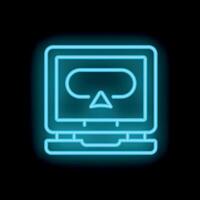 Neon icon of laptop showing virtual reality glasses displaying augmented reality pointer glowing blue vector