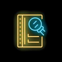 Neon icon of magnifying glass analyzing document for fact checking vector
