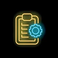 Neon clipboard and cogwheel symbolizing project management vector