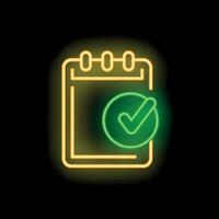 Neon icon of clipboard with check mark on black background vector