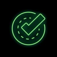 Green neon checkmark symbol glowing inside a circle on black background vector