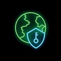 Neon icon of a shield protecting the earth with a keyhole vector