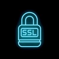 Blue neon ssl padlock icon representing secure connection on black background vector
