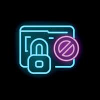 Neon icon of locked padlock on computer folder symbolizing cyber security breach vector