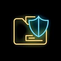 Neon shield protecting folder icon on black background vector