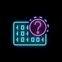 Neon question mark hovering over binary code data array vector
