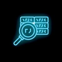 Neon magnifying glass investigating data server icon on black background vector