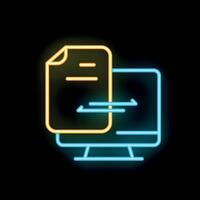 Neon icon of document transferring to desktop computer vector