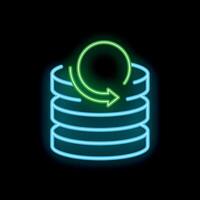 Neon icon of database updating with circular arrow showing data synchronization process vector