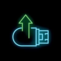 Neon usb flash drive icon with uploading arrow glowing in dark vector