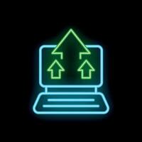 Neon laptop showing cloud upload with arrows on black background vector