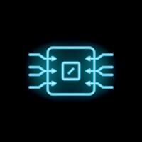 Neon cpu microchip processing data with arrows on black background vector