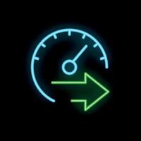 Neon speedometer showing increasing speed with arrow pointing right vector