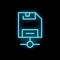 Neon floppy disk icon glowing on dark background representing data storage vector