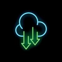Neon cloud computing download symbol on black background vector
