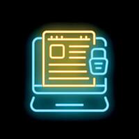 Neon icon of document being secured on laptop representing online security vector