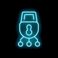 Neon blue cyber security padlock icon protecting network servers on black background vector