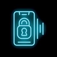 Neon icon of mobile phone with padlock showing wireless signal vector