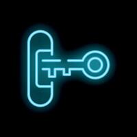 Neon key unlocking padlock on a black background vector