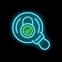 Neon magnifying glass showing approved security status with padlock and checkmark icon vector