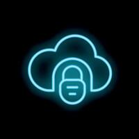 Neon blue cloud computing security padlock icon on black background vector