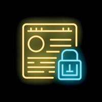 Neon icon of secured document file representing data encryption vector