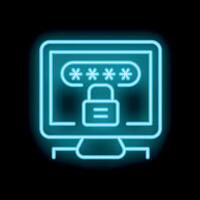 Neon computer icon displaying password protected screen with padlock vector
