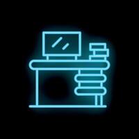 Neon office desk with computer and books glowing on a black background vector