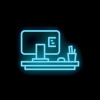 Neon office desk sign with computer and pencils on black background vector