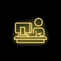 Office worker siting at the table and working on computer neon icon vector
