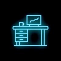 Neon office desk icon depicting workspace with computer vector