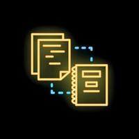 Neon icon of documents transferring to a notebook representing data synchronization vector