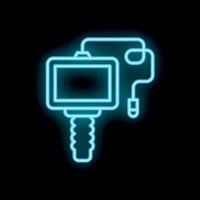 Neon icon of an action camera with a remote control on black background vector