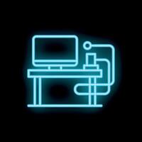 Neon blue office desk with computer icon representing workspace vector