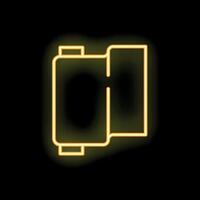 Yellow neon icon of a camera lens glowing on black background vector