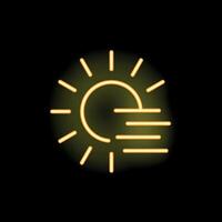Yellow neon sign showing sun behind clouds on black background vector