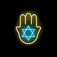 Glowing neon hamsa hand with star of david symbol on black background vector