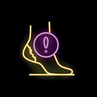 Neon icon of foot showing broken bone with exclamation mark vector