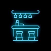 Neon sign pub bar counter with hanging wine glasses and stools minimalistic icon vector