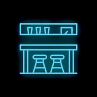 Neon bar counter with stools and shelf with glasses icon light background vector